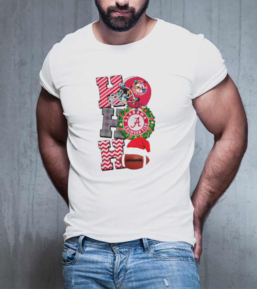 Alabama Crimson Tide Football Christmas Ho Ho Ho Santa Hat Wreath Football Helmet T-Shirt