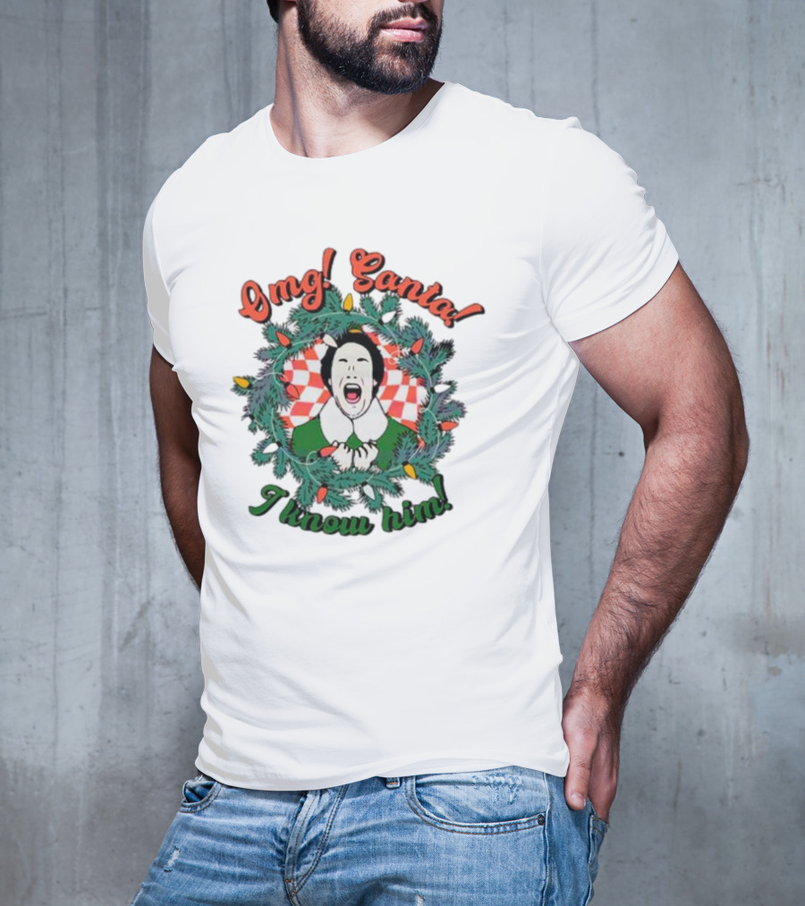 Elf Omg Santa I Know Him Funny Christmas Wreath Lights T-Shirt