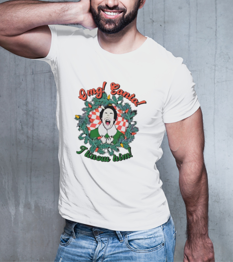 Elf Omg Santa I Know Him Funny Christmas Wreath Lights T-Shirt