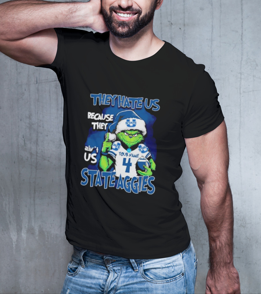 They Hate Us Because They Ain't Us Grinch Santa Utah State Aggies Your Name Custom Number T-Shirt