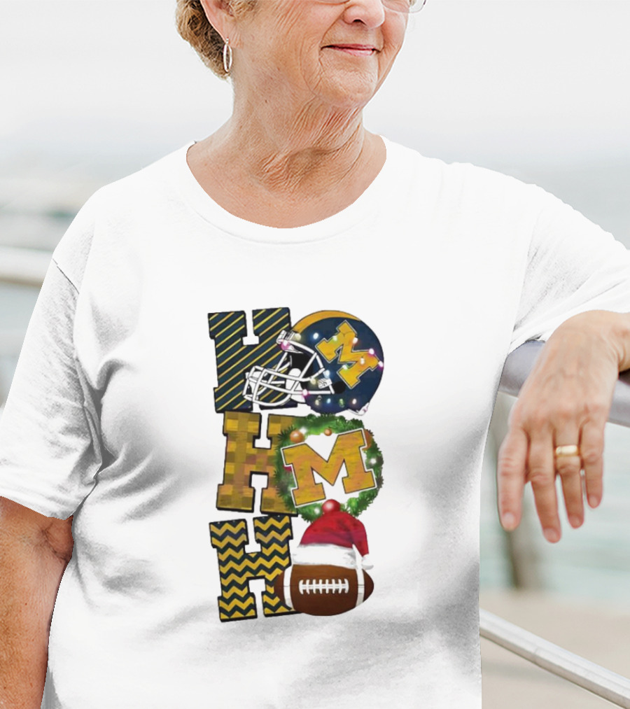 Michigan Wolverines Football Helmet Wreath Christmas Ho Ho Ho T-Shirt