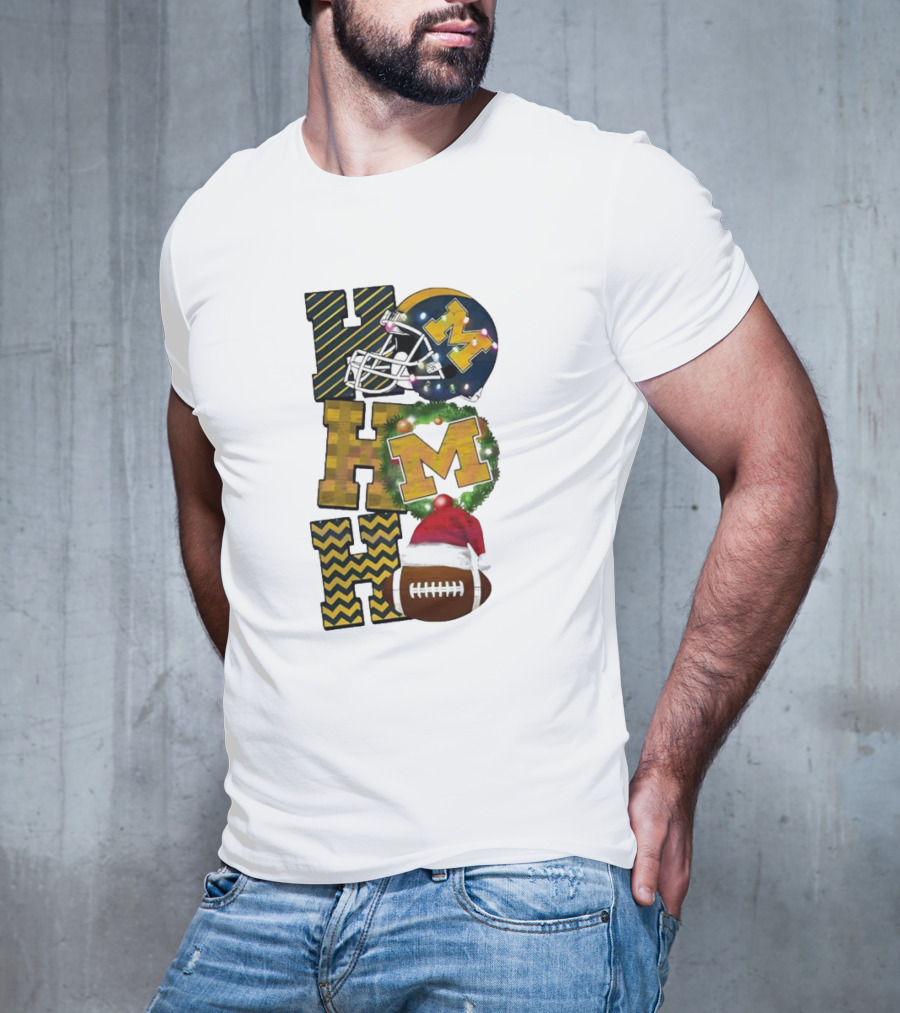 Michigan Wolverines Football Helmet Wreath Christmas Ho Ho Ho T-Shirt