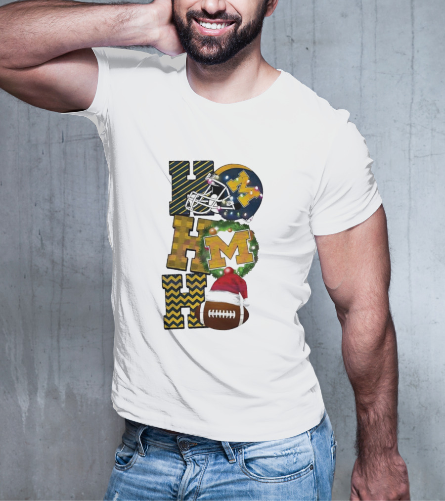 Michigan Wolverines Football Helmet Wreath Christmas Ho Ho Ho T-Shirt