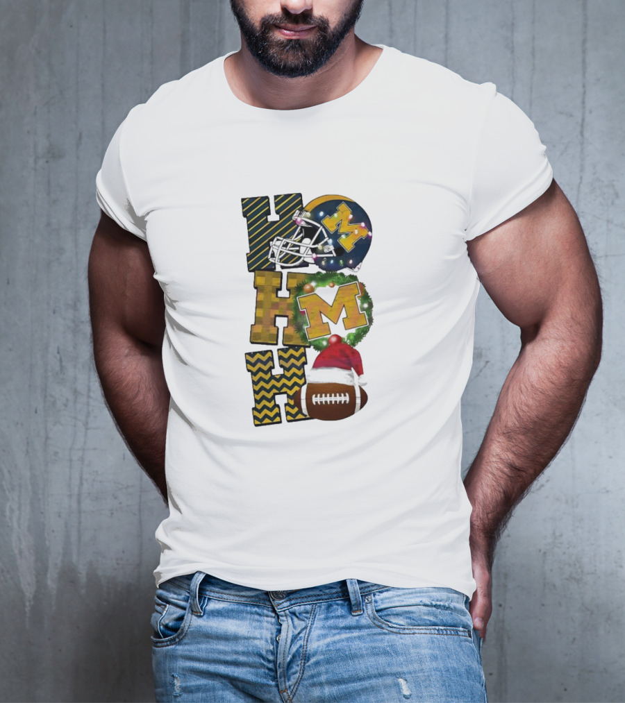 Michigan Wolverines Football Helmet Wreath Christmas Ho Ho Ho T-Shirt