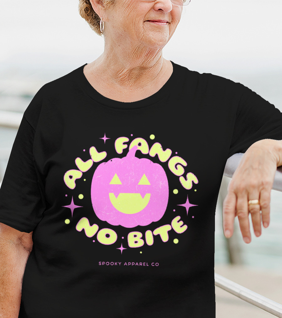 All Fangs No Bite Spooky Apparel Co Halloween Pumpkin T-Shirt