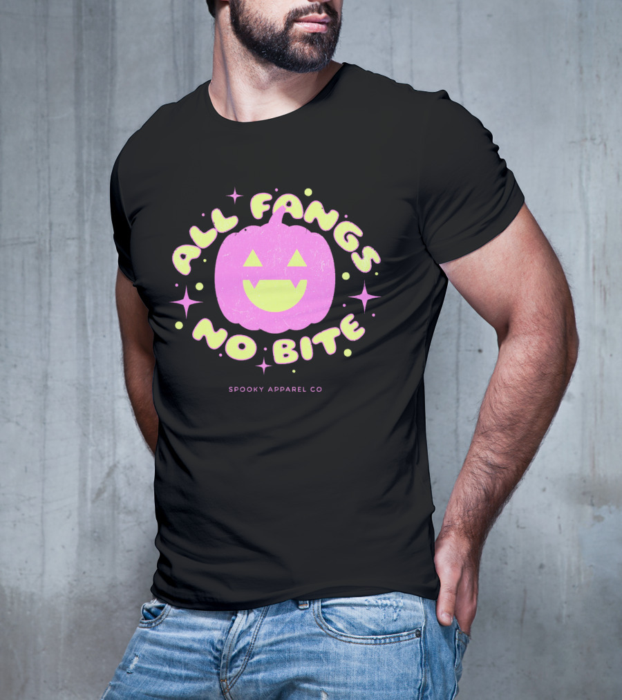 All Fangs No Bite Spooky Apparel Co Halloween Pumpkin T-Shirt