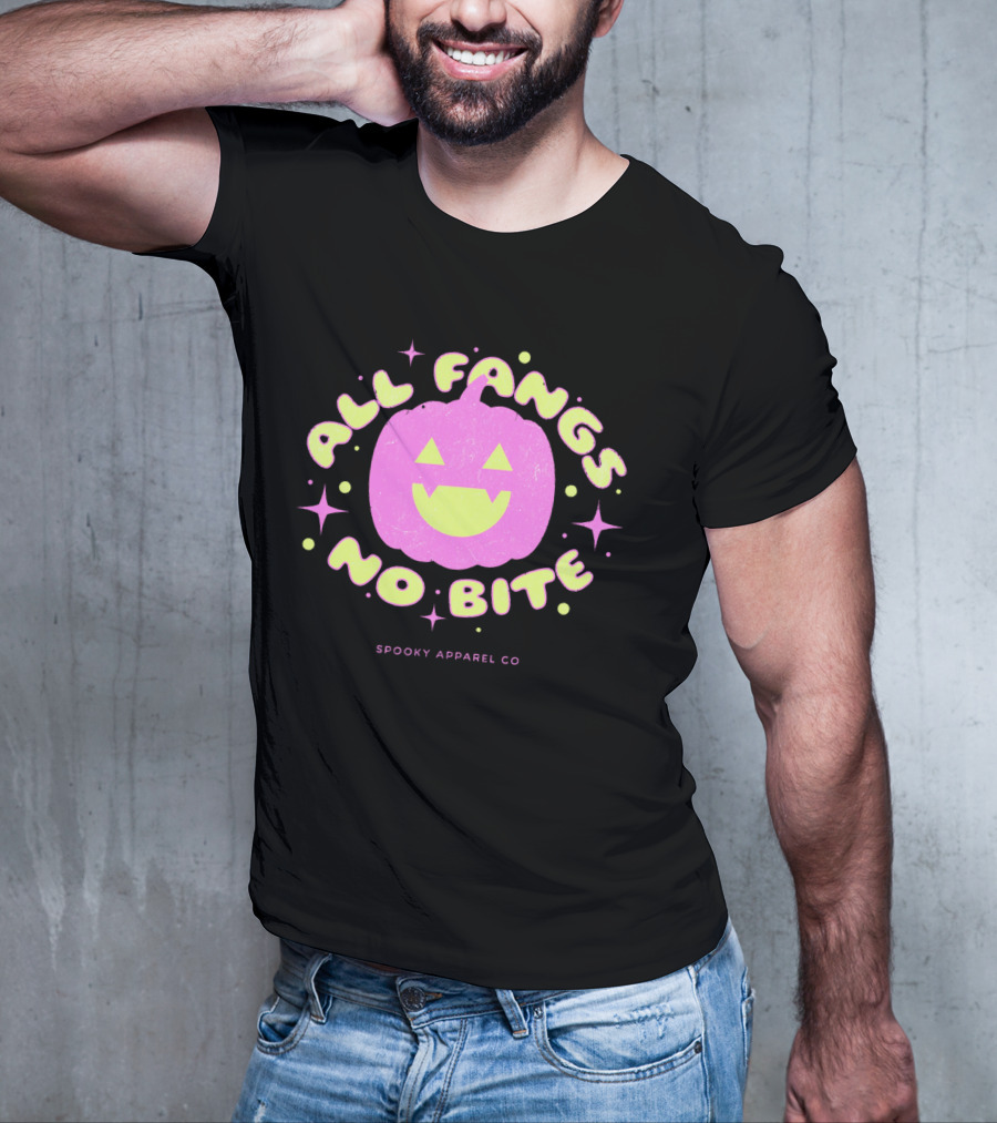 All Fangs No Bite Spooky Apparel Co Halloween Pumpkin T-Shirt