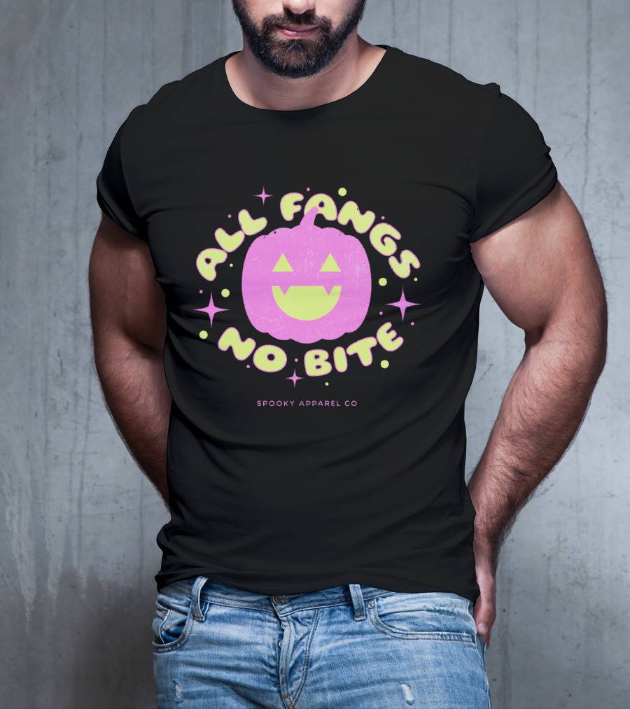 All Fangs No Bite Spooky Apparel Co Halloween Pumpkin T-Shirt