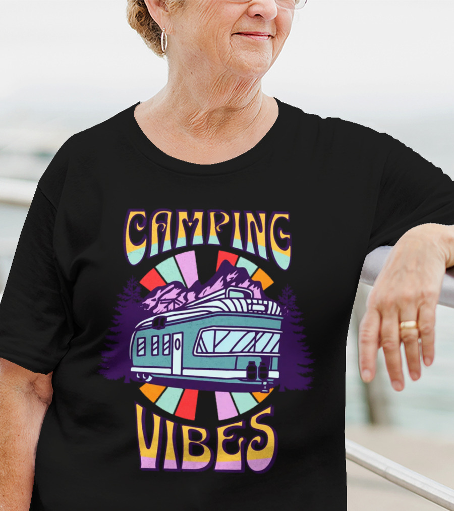 Camping Vibes Retro Travel Trailer Mountains Colorful Sunburst T-Shirt