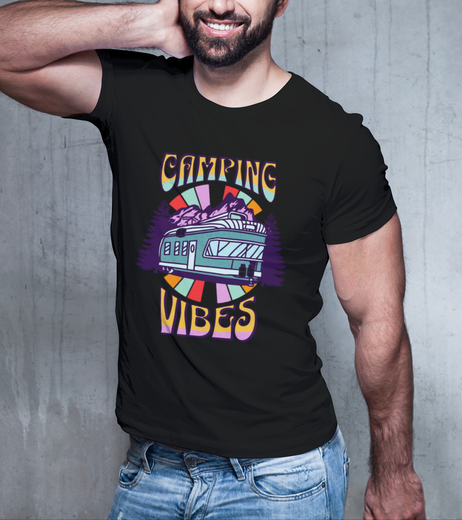 Camping Vibes Retro Travel Trailer Mountains Colorful Sunburst T-Shirt