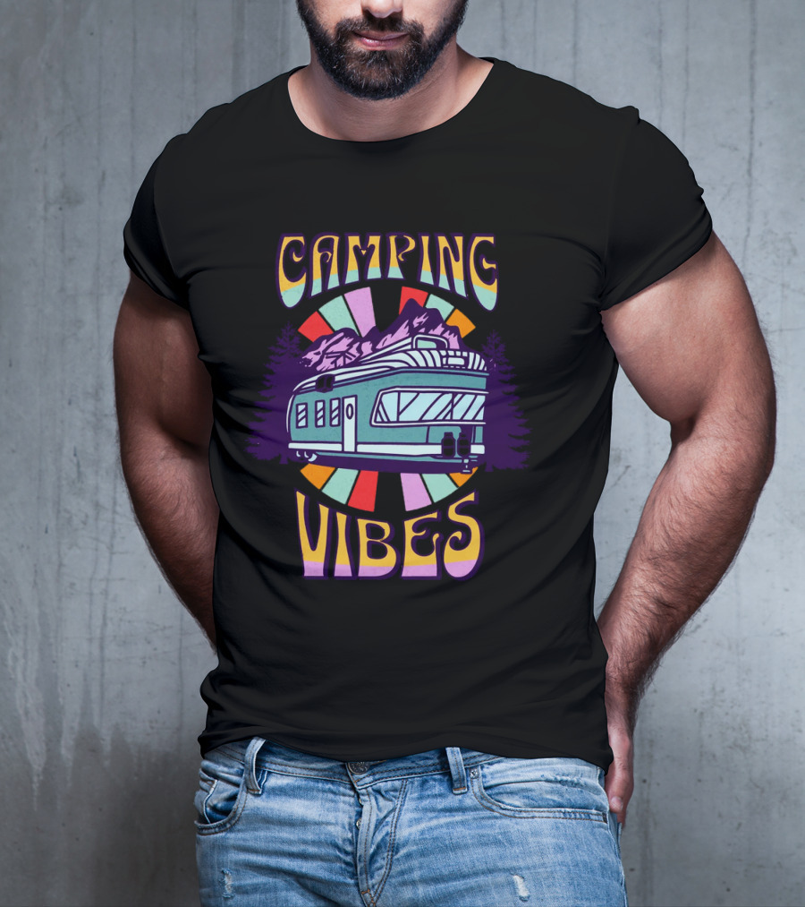 Camping Vibes Retro Travel Trailer Mountains Colorful Sunburst T-Shirt