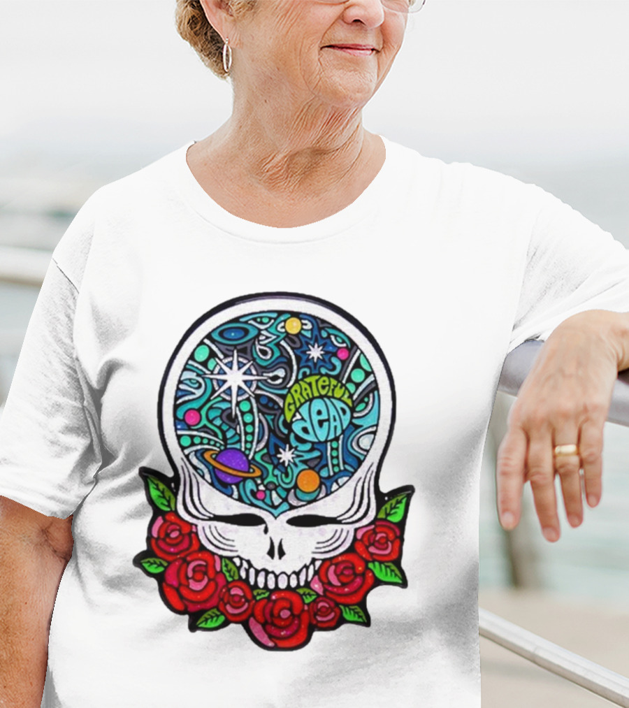 Grateful Dead Skull With Cosmic Rose Design By Danny Steinman T-Shirt