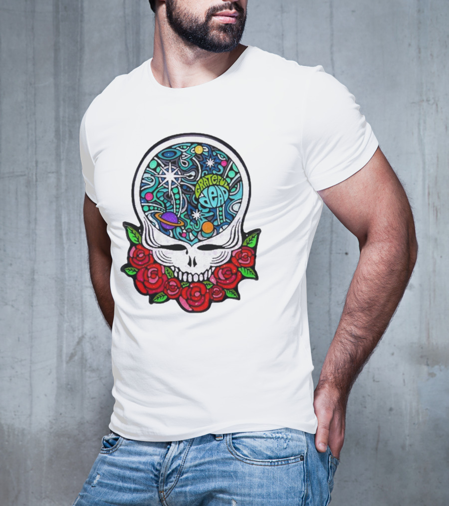 Grateful Dead Skull With Cosmic Rose Design By Danny Steinman T-Shirt