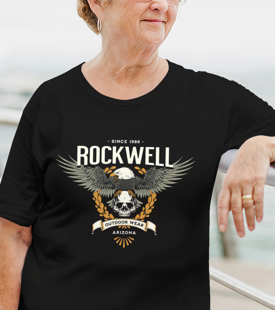 Rockwell Arizona Since 1986 Outdoor Wear Eagle And Skull Badge T-Shirt