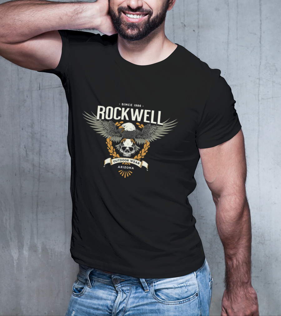 Rockwell Arizona Since 1986 Outdoor Wear Eagle And Skull Badge T-Shirt