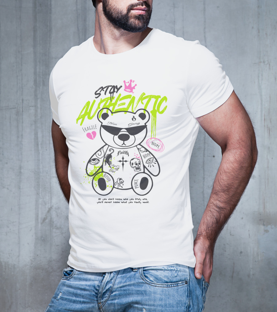 Stay Authentic Graffiti Bear With Pink Crown And Heart T-Shirt