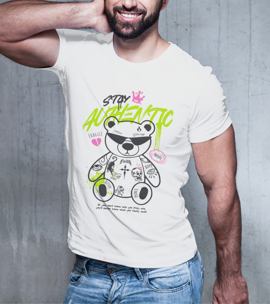 Stay Authentic Graffiti Bear With Pink Crown And Heart T-Shirt