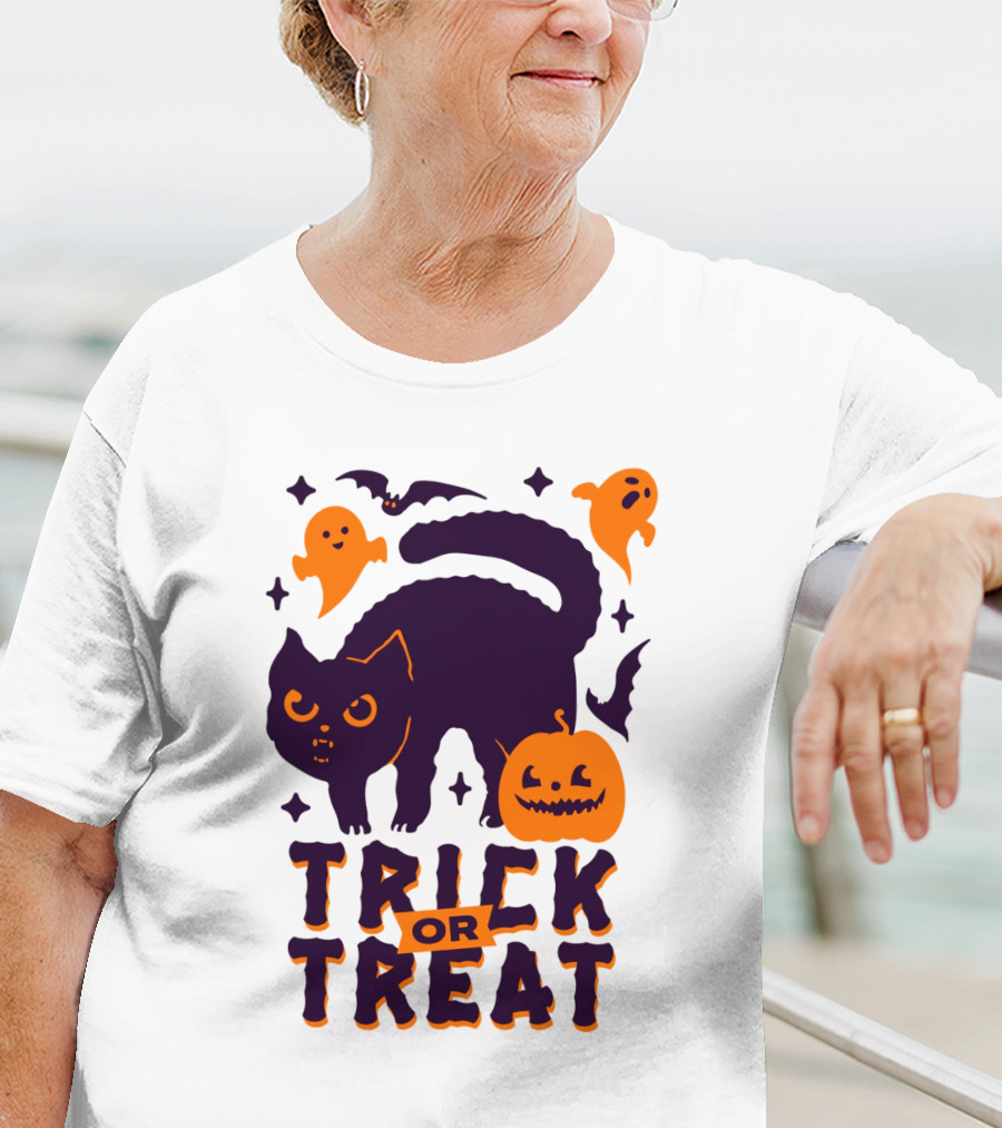 Trick Or Treat Halloween Cats Pumpkins Ghosts And Bats T-Shirt