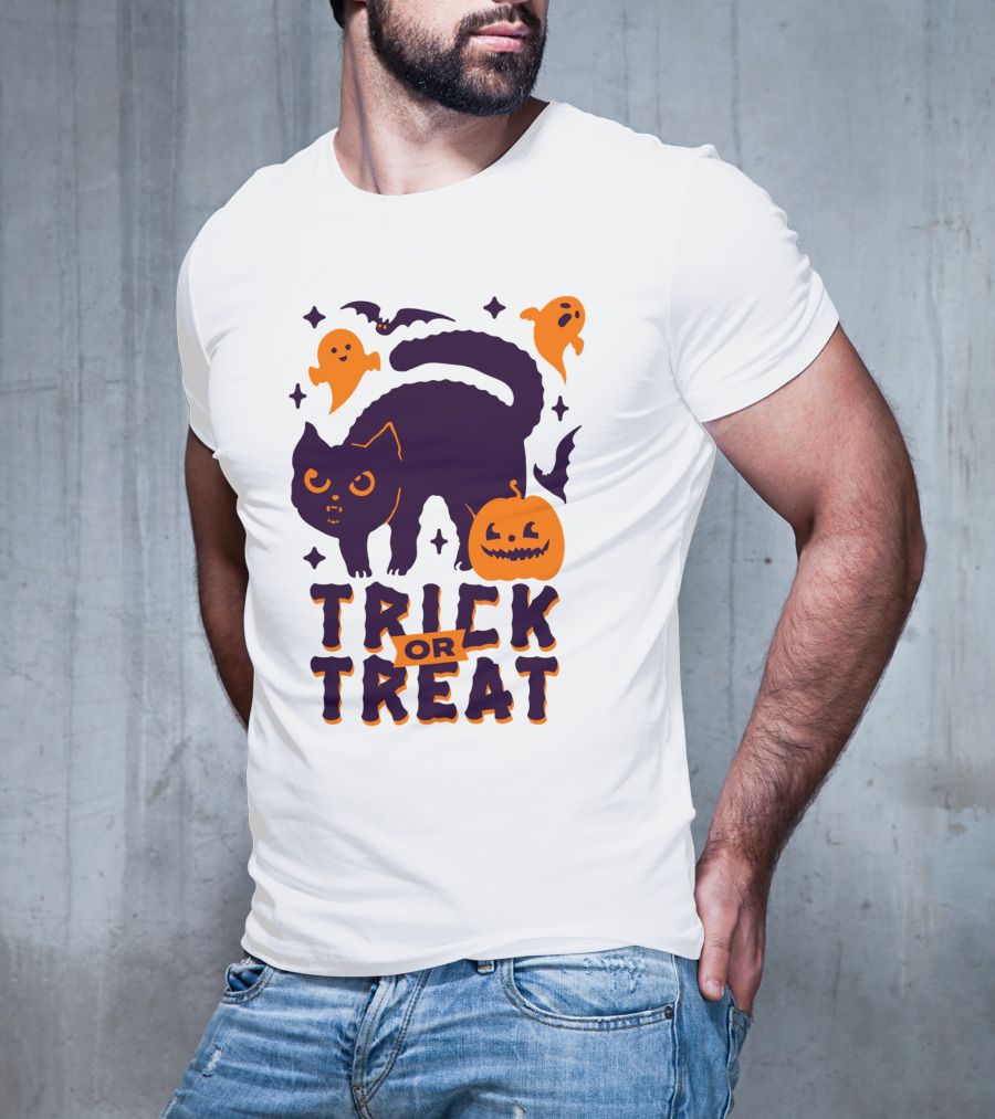 Trick Or Treat Halloween Cats Pumpkins Ghosts And Bats T-Shirt