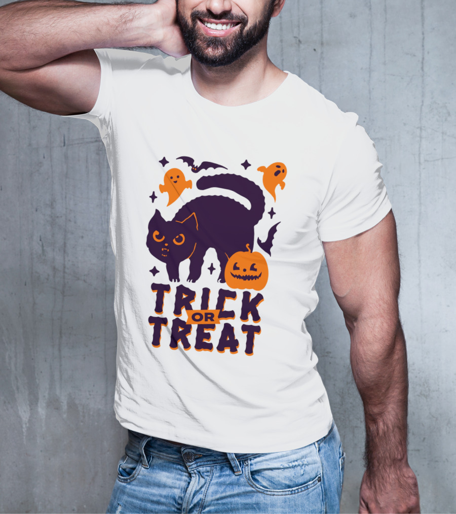Trick Or Treat Halloween Cats Pumpkins Ghosts And Bats T-Shirt