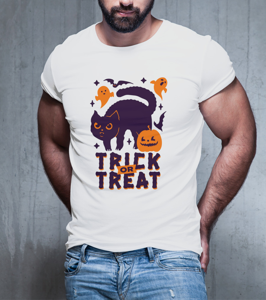 Trick Or Treat Halloween Cats Pumpkins Ghosts And Bats T-Shirt