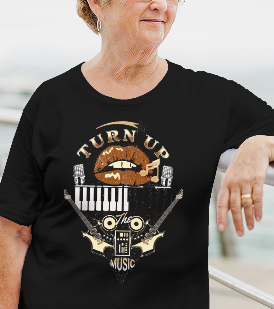 TURN UP THE MUSIC Keyboard Guitars And Microphones T-Shirt