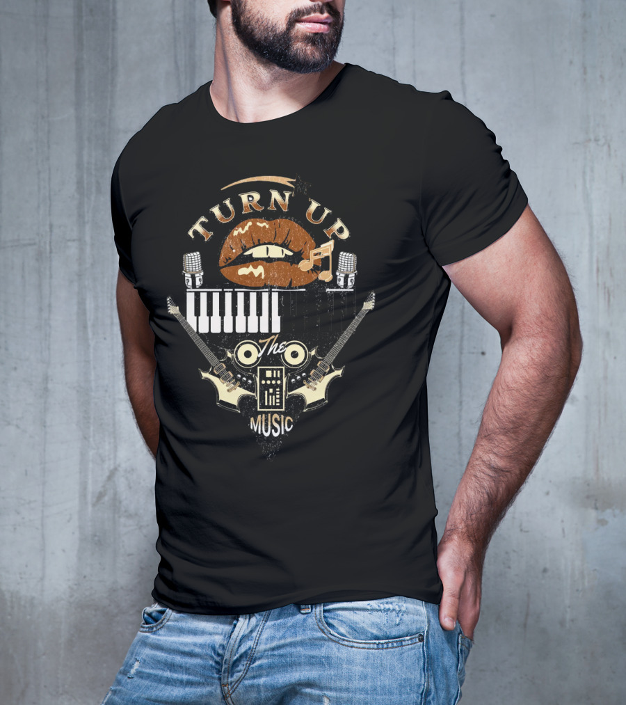 TURN UP THE MUSIC Keyboard Guitars And Microphones T-Shirt