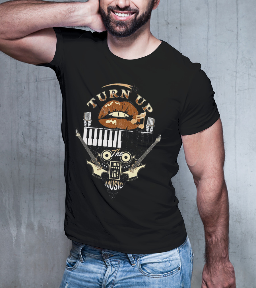 TURN UP THE MUSIC Keyboard Guitars And Microphones T-Shirt