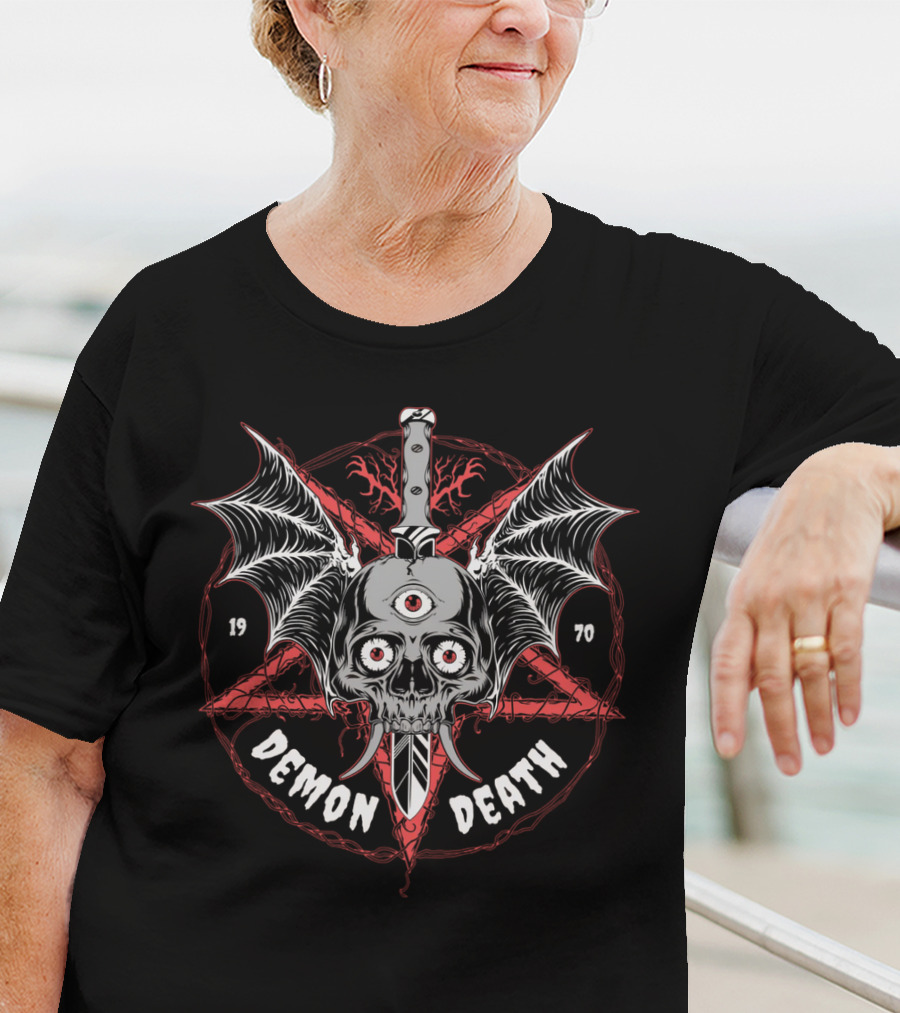 DEMON DEATH 1970 Skull With Wings And Knife In Pentagram T-Shirt