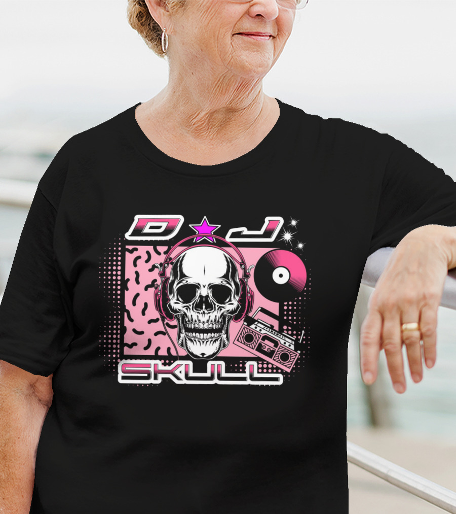 DJ Skull Retro Headphones Boombox Vinyl Star T-Shirt