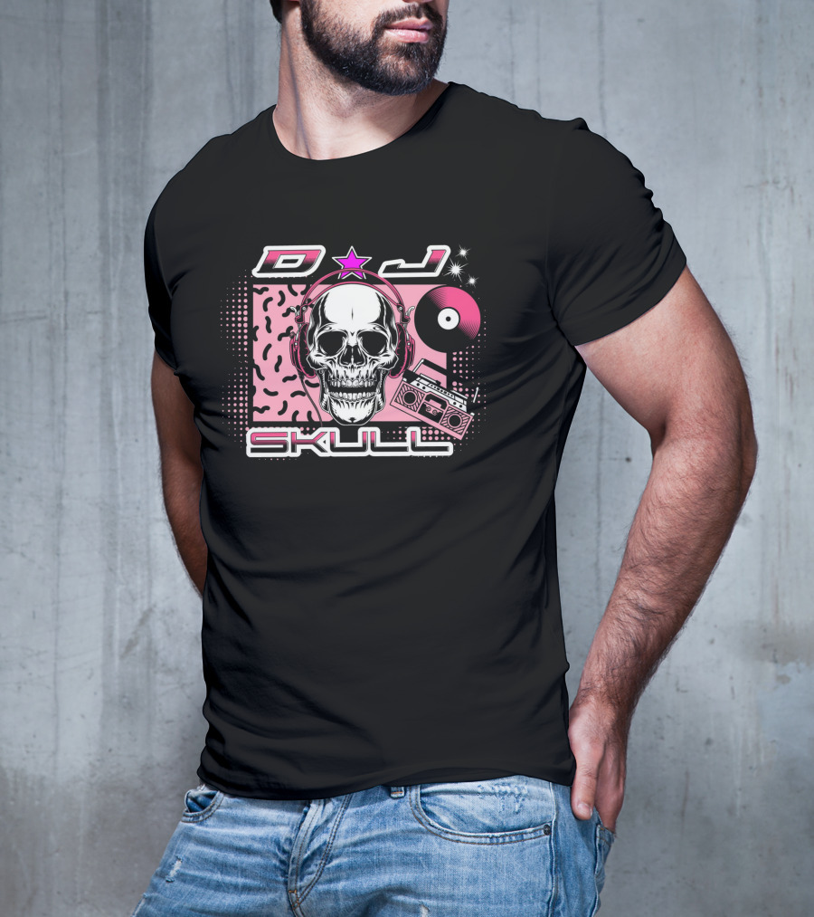 DJ Skull Retro Headphones Boombox Vinyl Star T-Shirt