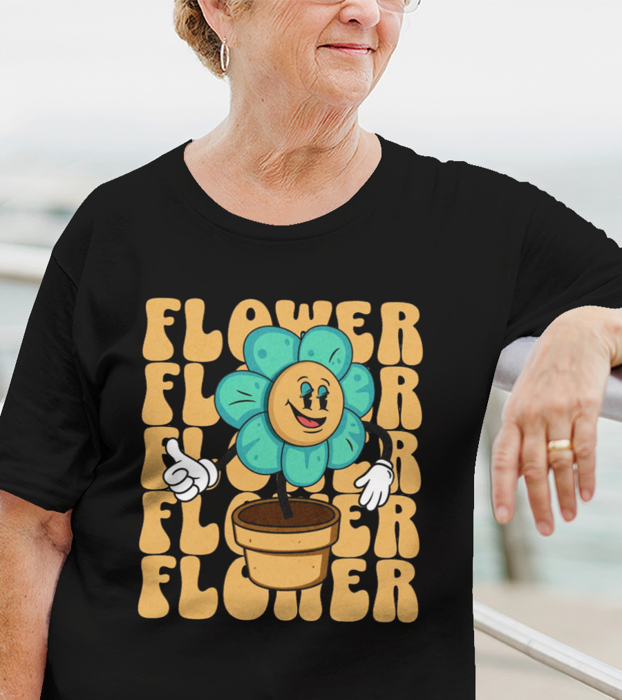Flower Happy Blue Petal Character In Pot With Groovy Text T-Shirt