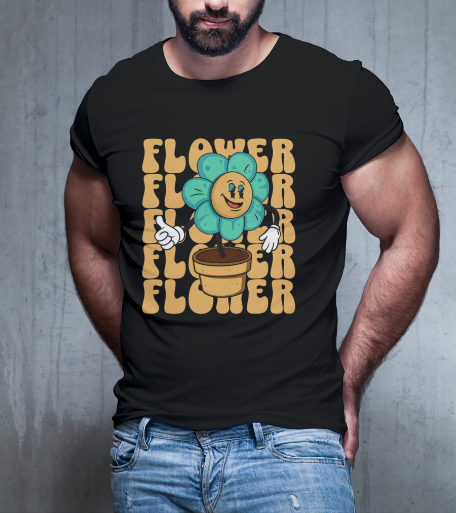 Flower Happy Blue Petal Character In Pot With Groovy Text T-Shirt