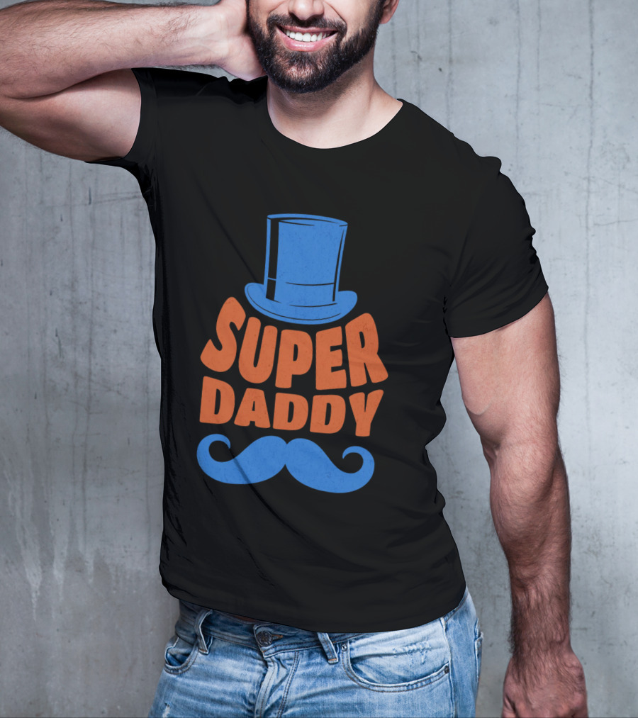 Super Daddy Mustache Top Hat Blue T-Shirt