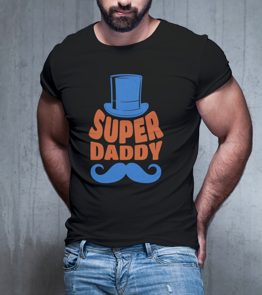Super Daddy Mustache Top Hat Blue T-Shirt