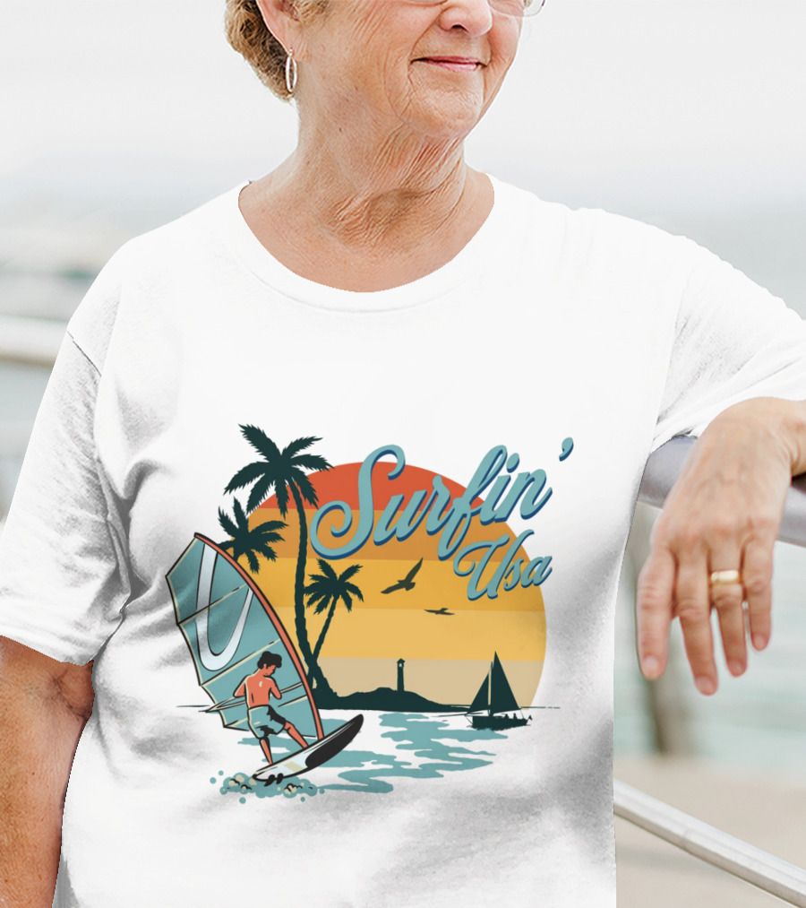 Surfin' Usa Retro Sunset Windsurfer Palm Trees Ocean Scene T-Shirt