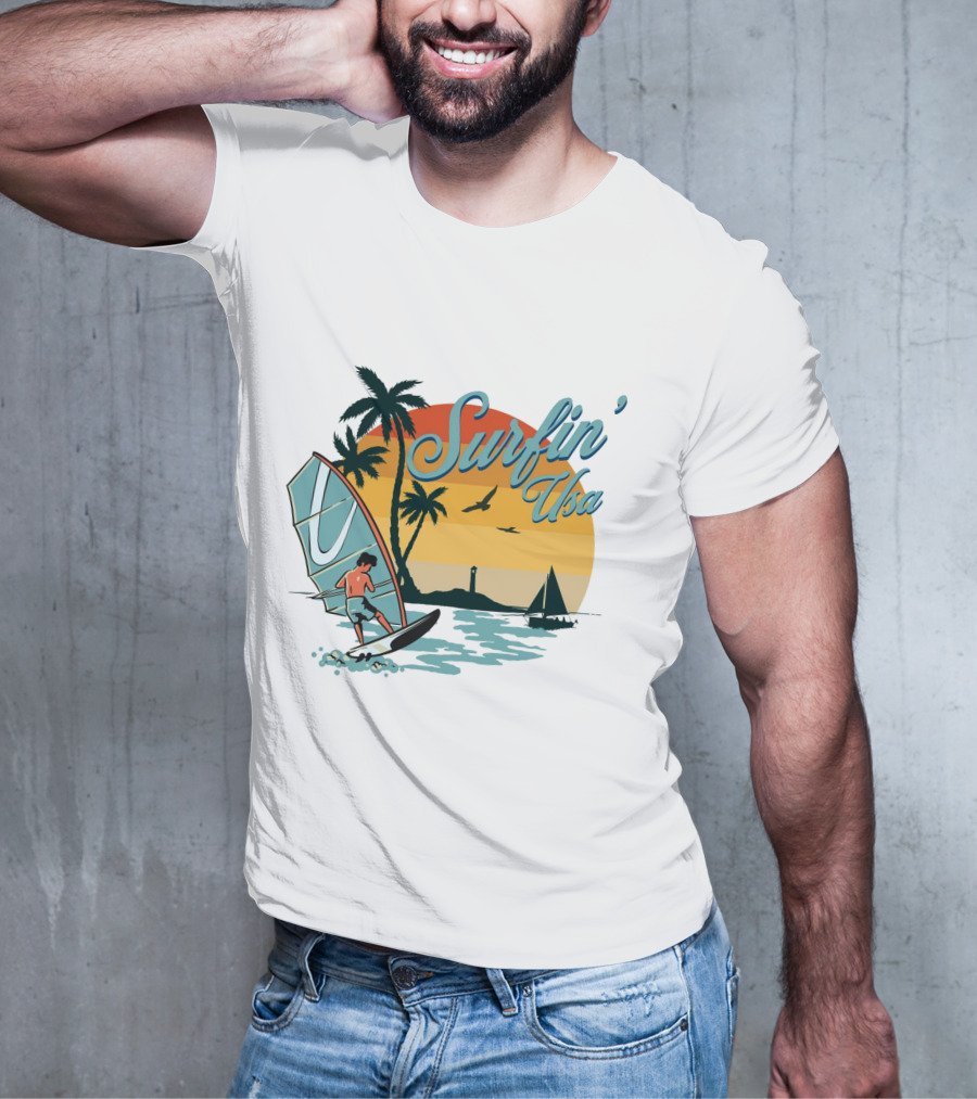 Surfin' Usa Retro Sunset Windsurfer Palm Trees Ocean Scene T-Shirt