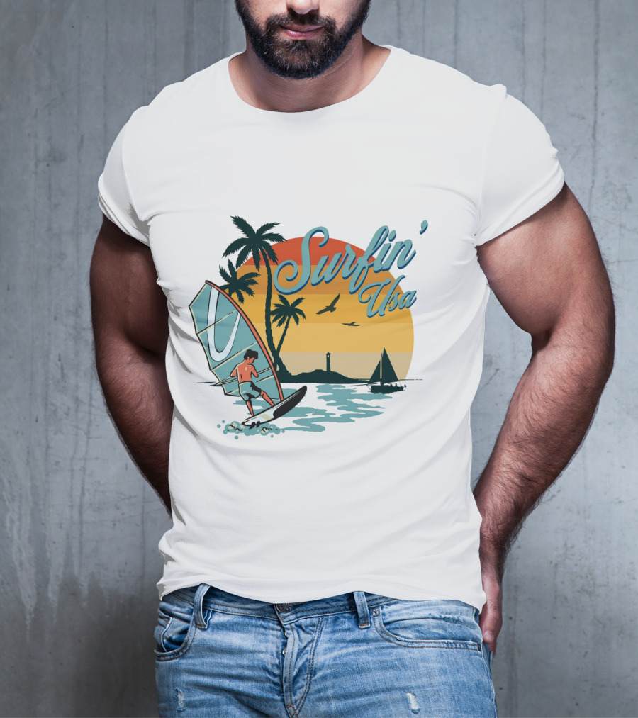 Surfin' Usa Retro Sunset Windsurfer Palm Trees Ocean Scene T-Shirt