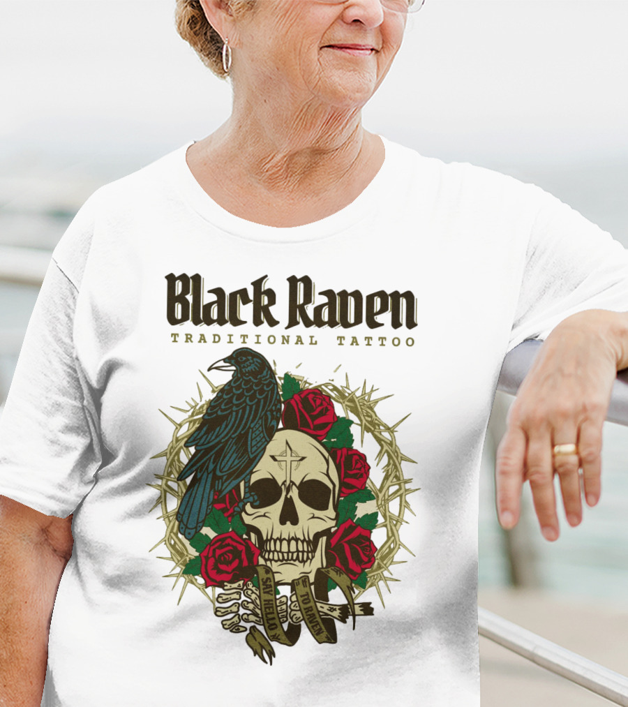 Black Raven Traditional Tattoo Skull Roses Thorns T-Shirt