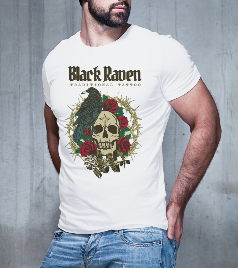 Black Raven Traditional Tattoo Skull Roses Thorns T-Shirt