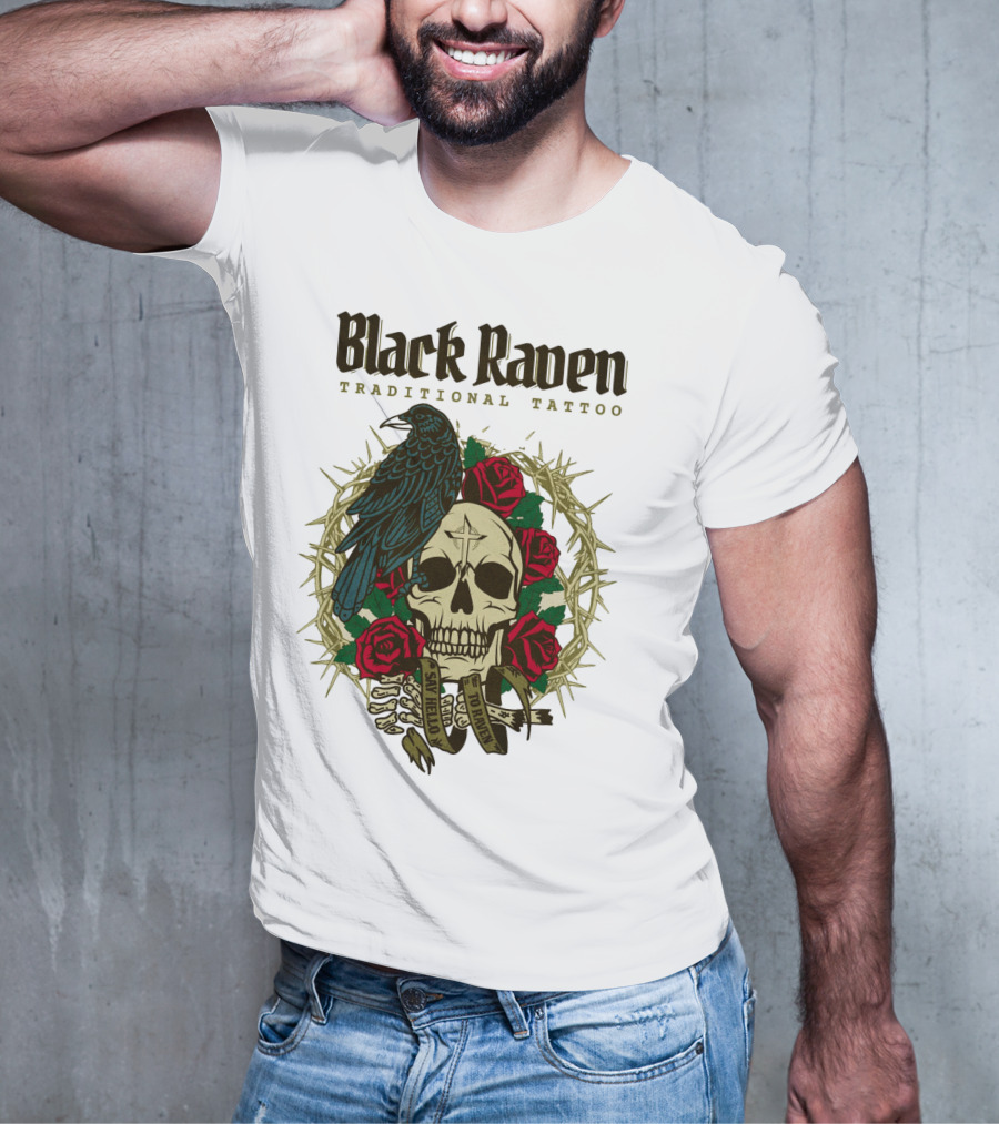 Black Raven Traditional Tattoo Skull Roses Thorns T-Shirt