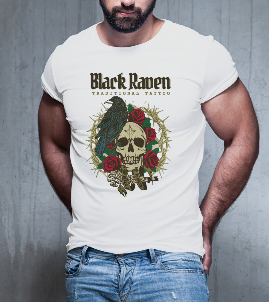 Black Raven Traditional Tattoo Skull Roses Thorns T-Shirt