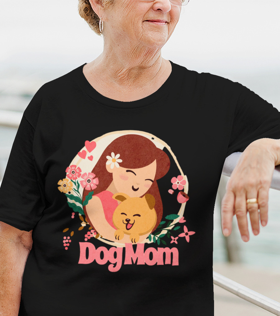 Dog Mom With Happy Puppy And Floral Heart Circle T-Shirt