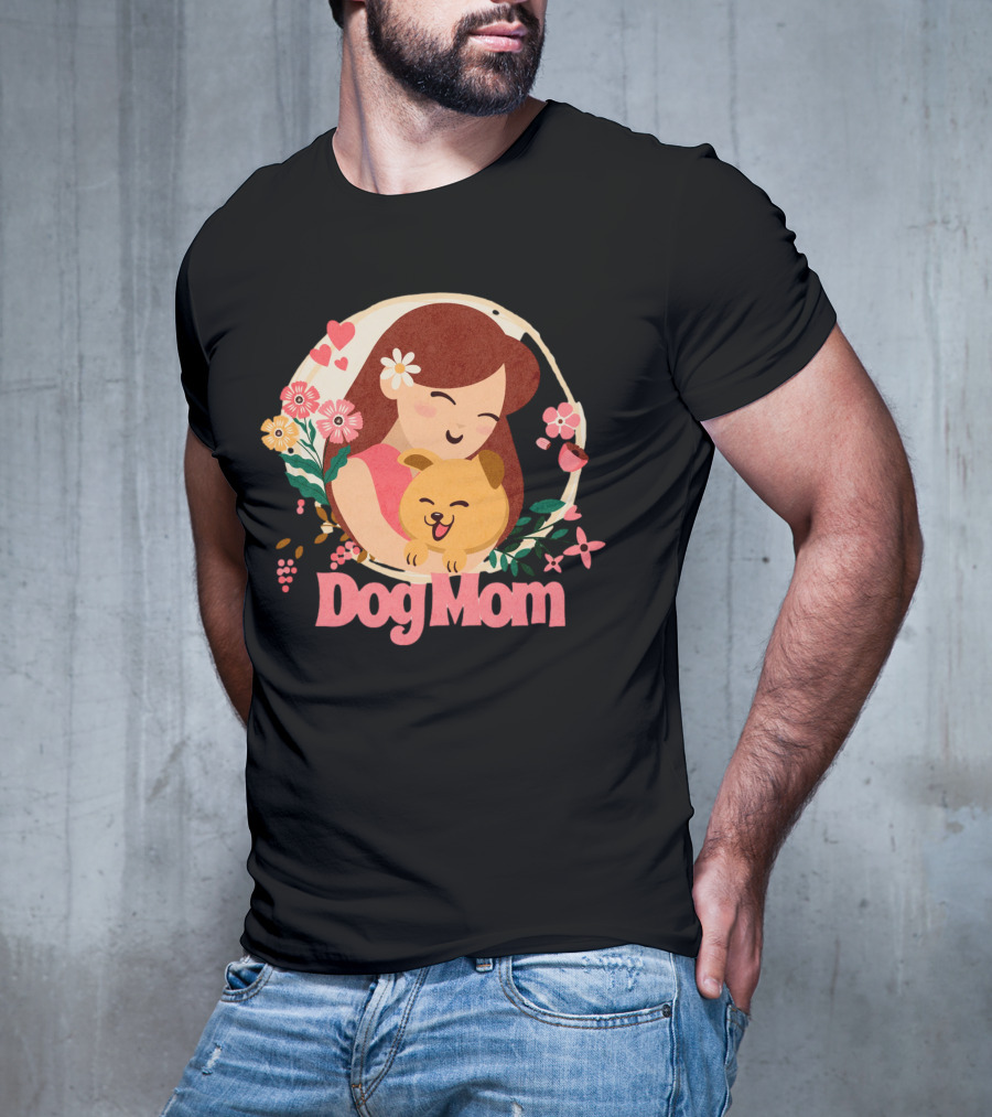 Dog Mom With Happy Puppy And Floral Heart Circle T-Shirt