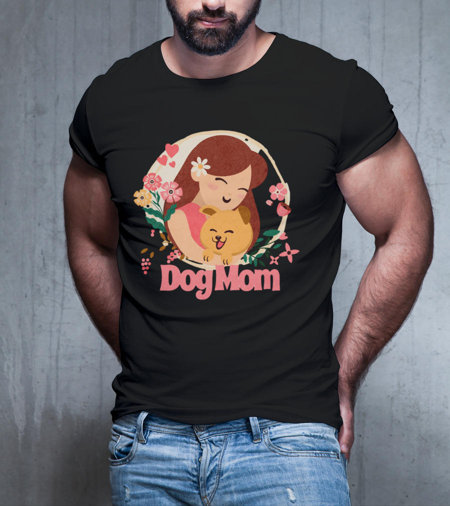 Dog Mom With Happy Puppy And Floral Heart Circle T-Shirt
