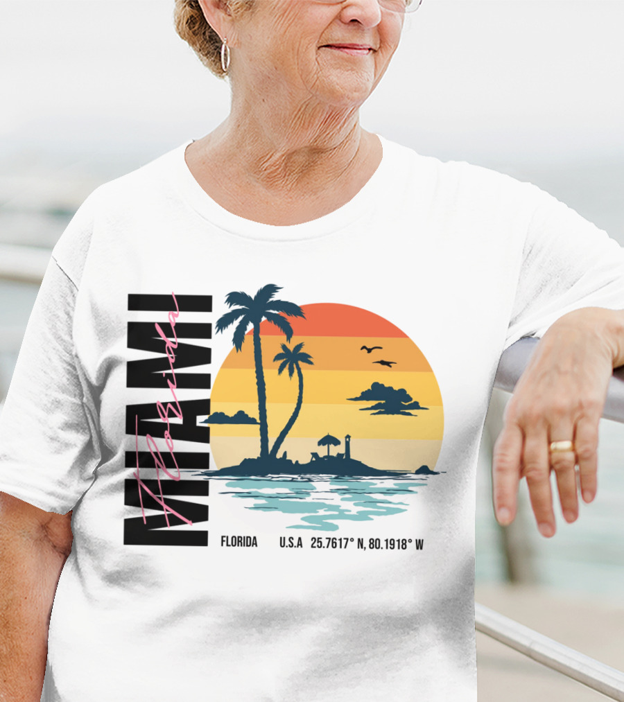 Florida Miami Beach Sunset Coordinates Palm Trees T-Shirt
