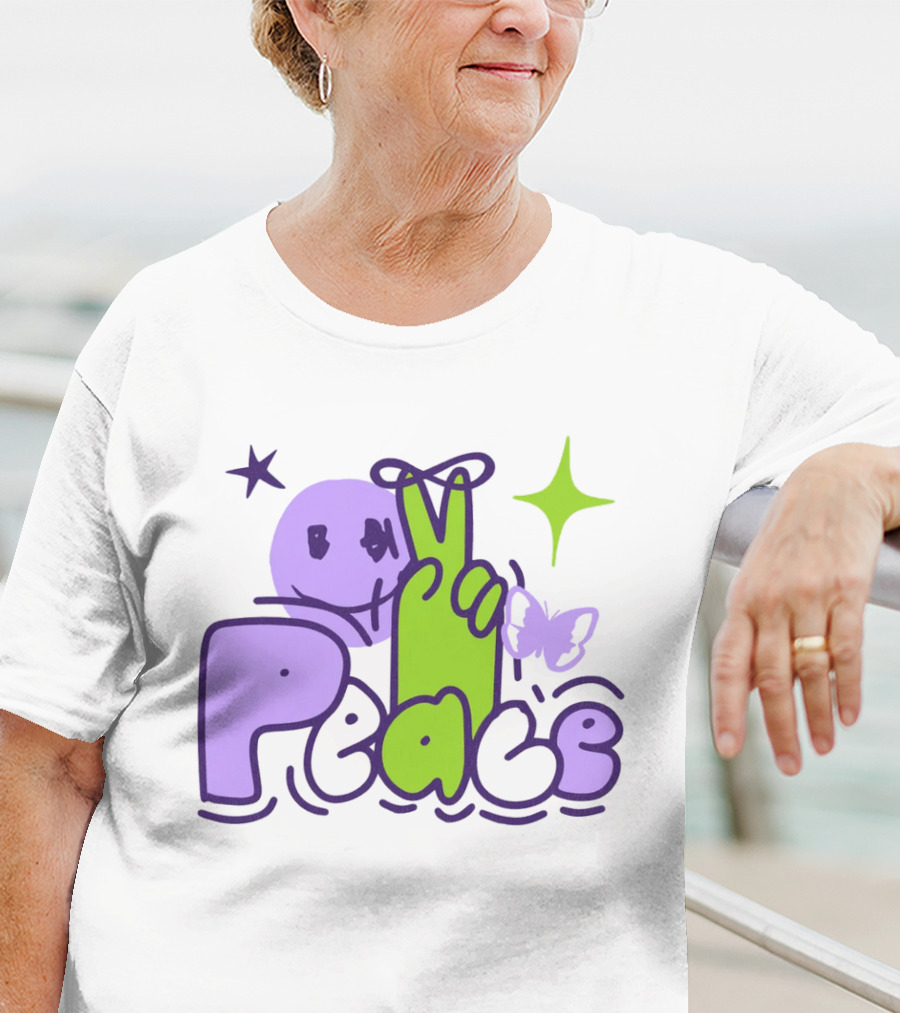 Peace Doodle Smiley Face Butterfly Star Purple Green T-Shirt