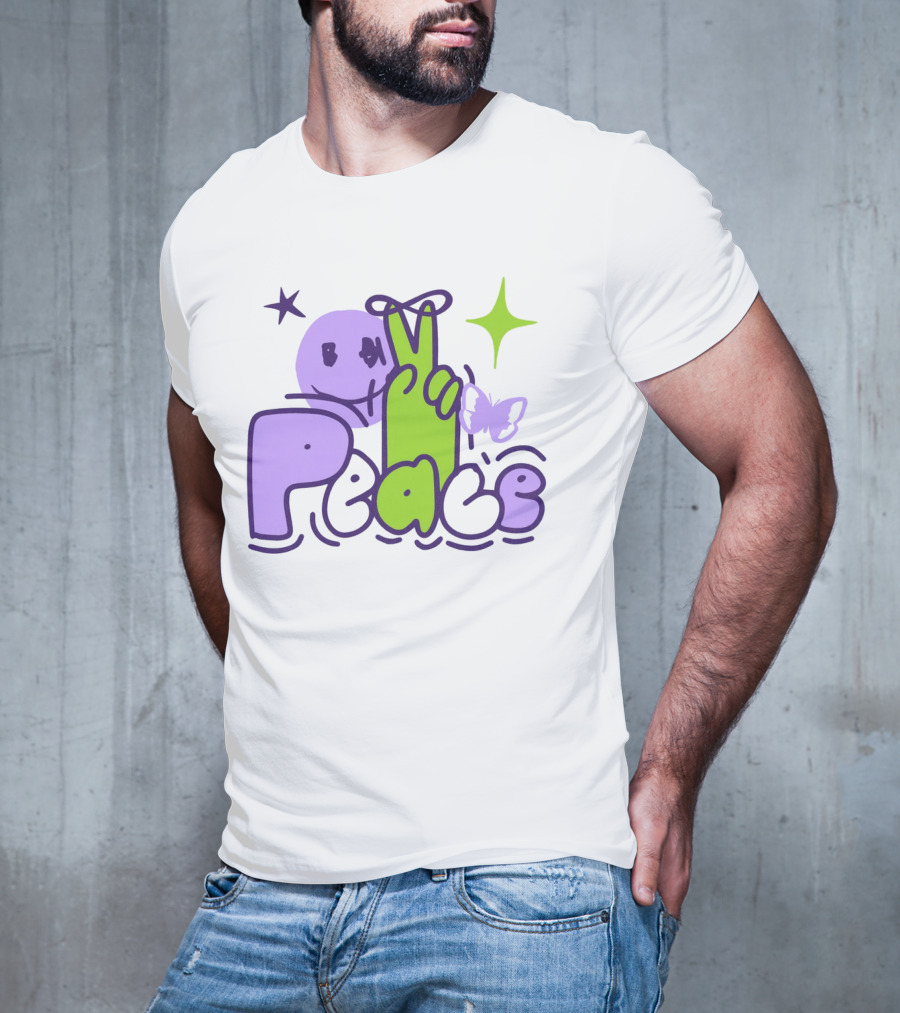 Peace Doodle Smiley Face Butterfly Star Purple Green T-Shirt