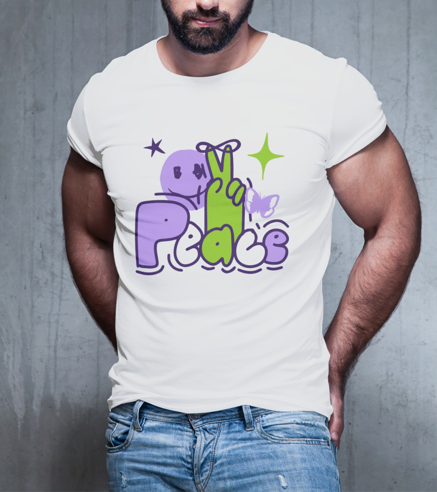Peace Doodle Smiley Face Butterfly Star Purple Green T-Shirt