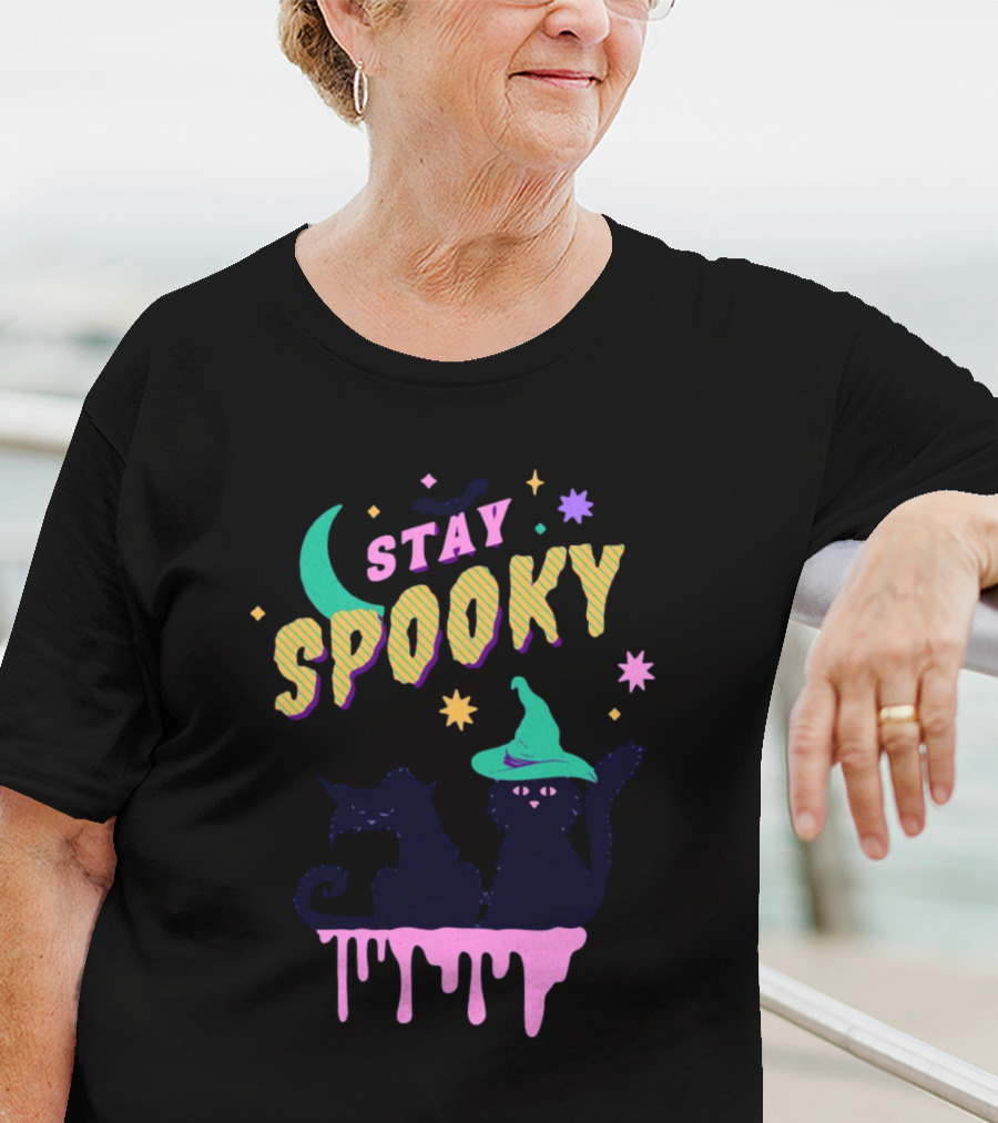Stay Spooky Halloween Cats Moon Witch Hat Dripping Stars T-Shirt